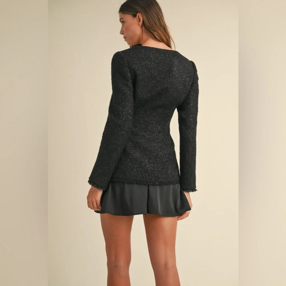 Holiday Metallic Tweed Jacket and Satin Mini Dress in Black SZ S - Picture 3 of 7